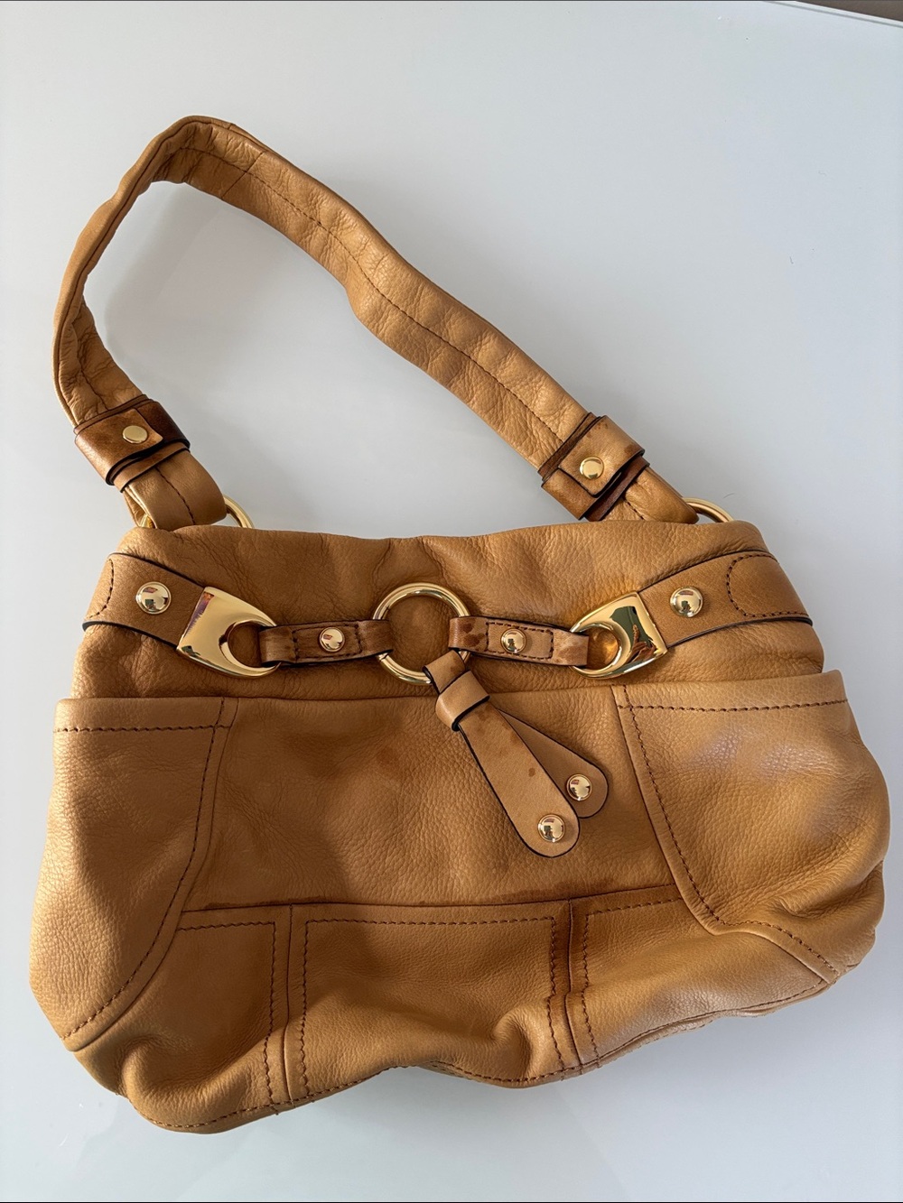 Tan Leather Shoulder Bag with Gold Hardware by B Makowsky